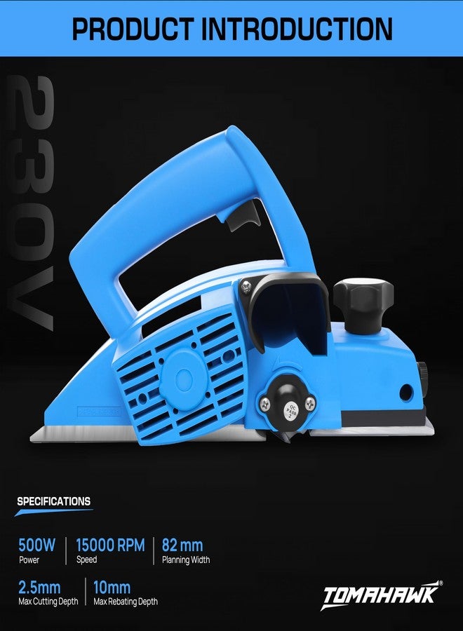 Tomahawk TPM-3944 Professional 500W Wood Planer | 15000 RPM High-Speed Motor | 82mm Planing Width | 2.5mm Cut Depth | V-Groove Base & Dust Port | Heavy-Duty Design - Image 2